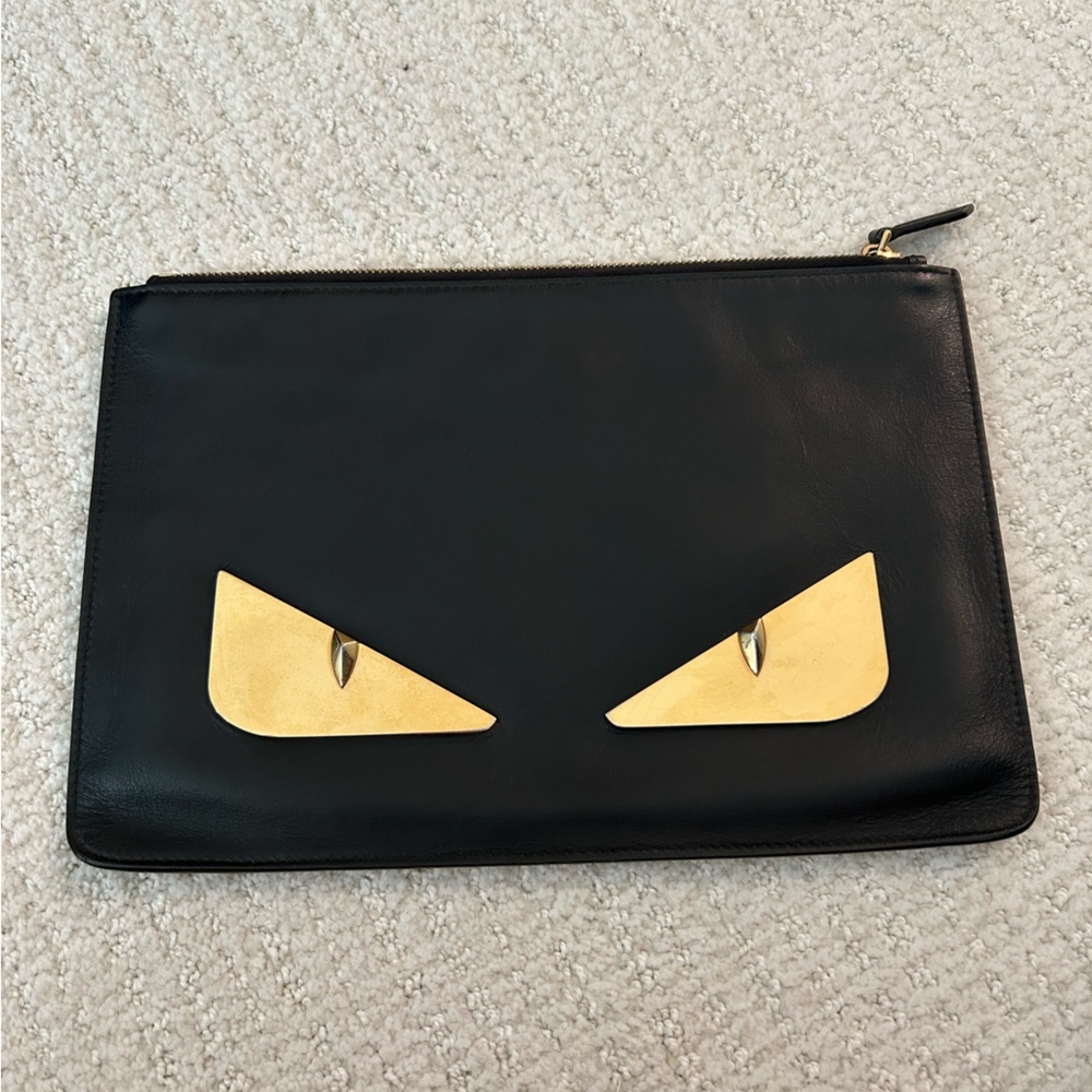 Fendi Black Leather Gold Monster Eyes Zippy Pouch